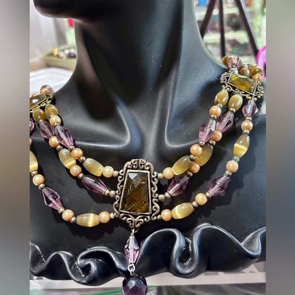 Vintage Gold and ambers tone Multi-Strand Necklace with Central Pendant